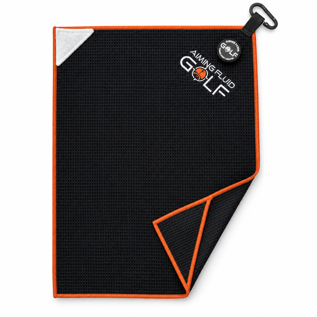Aiming Fluid Golf Hazard Orange magnetic golf towel on a white background