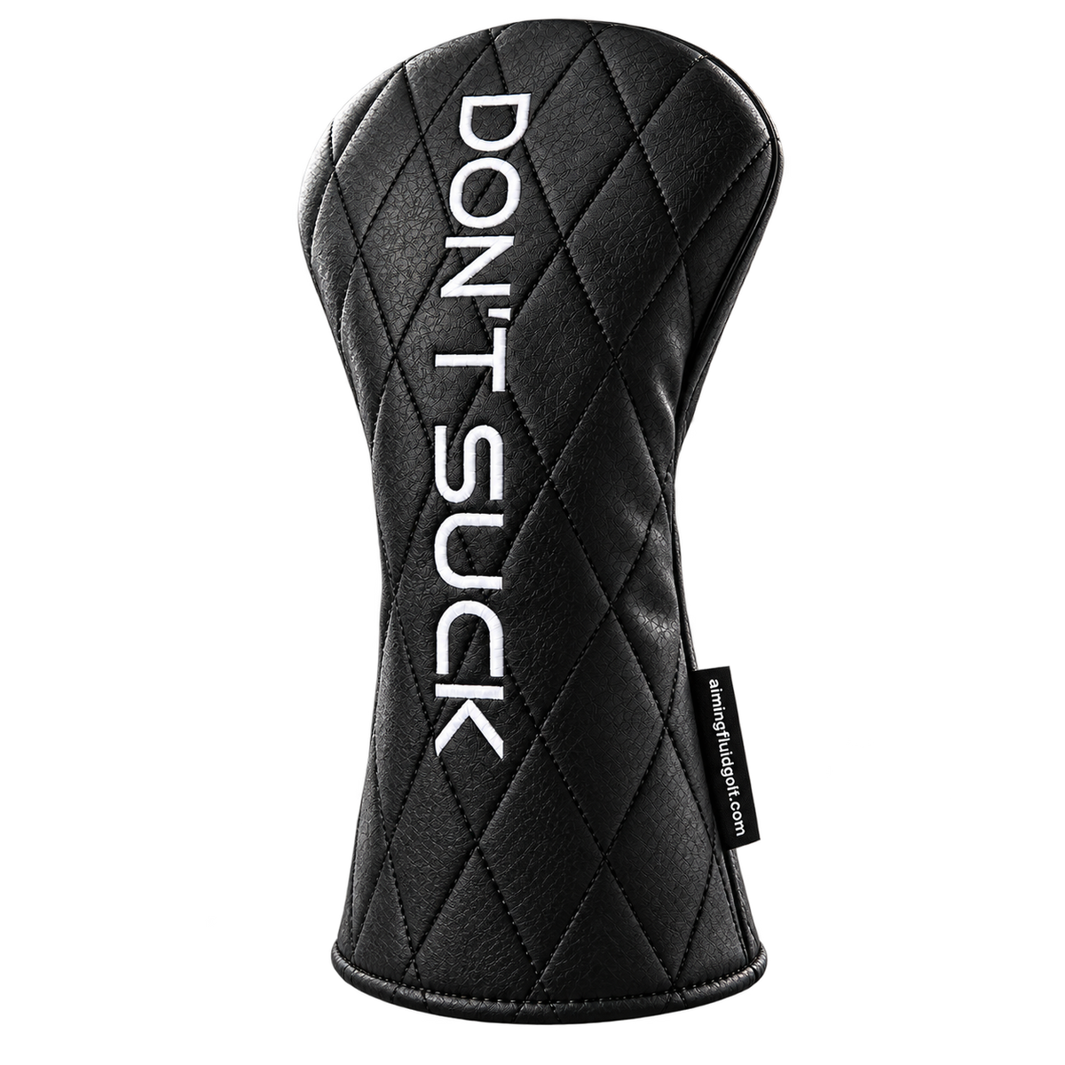 DON'T SUCK Core driver headcover, black diamond quilt with white embroidery and woven side tag