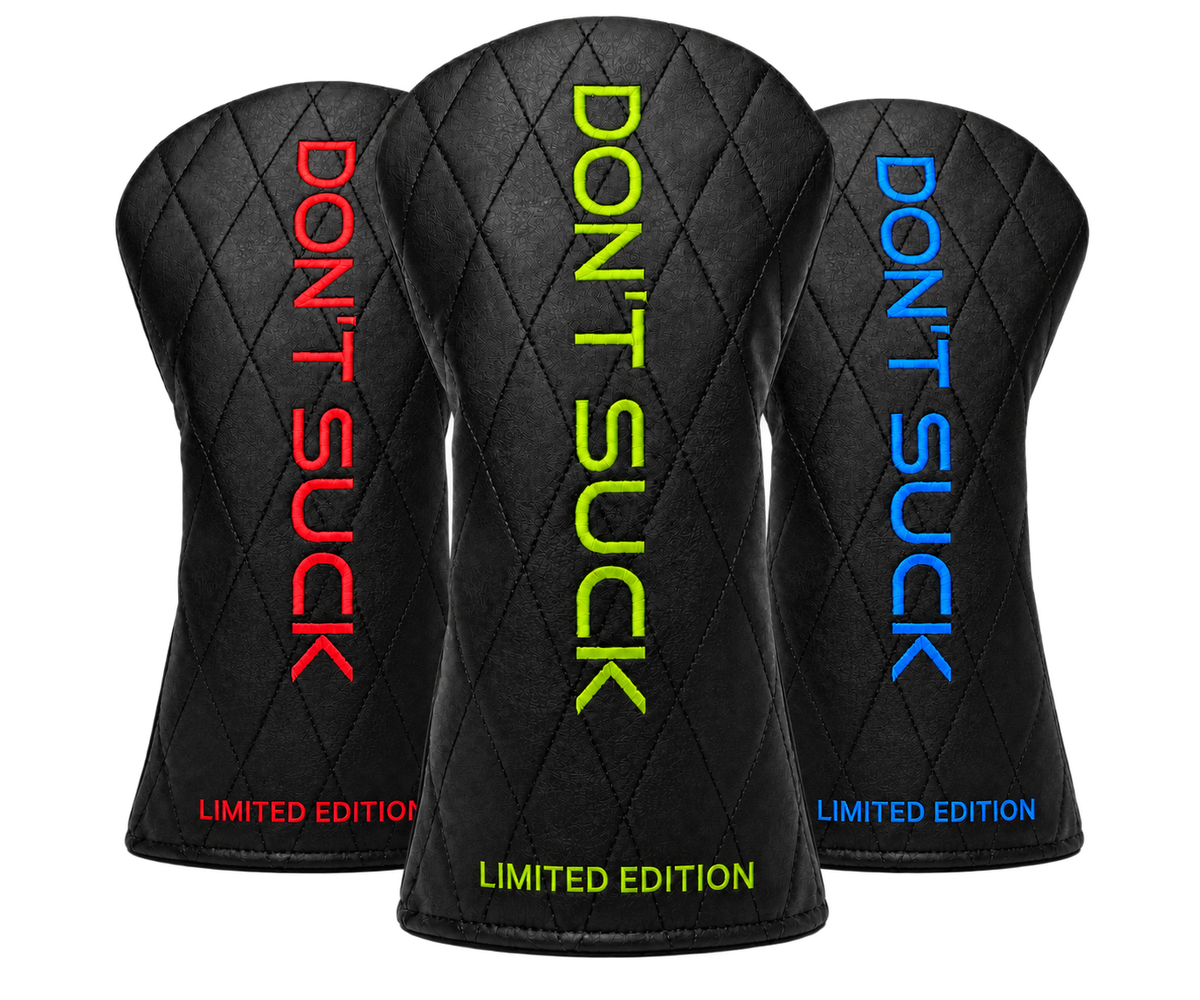 After Dark DON'T SUCK limited edition headcovers in Hotwire Red, Venom Green and Laser Blue