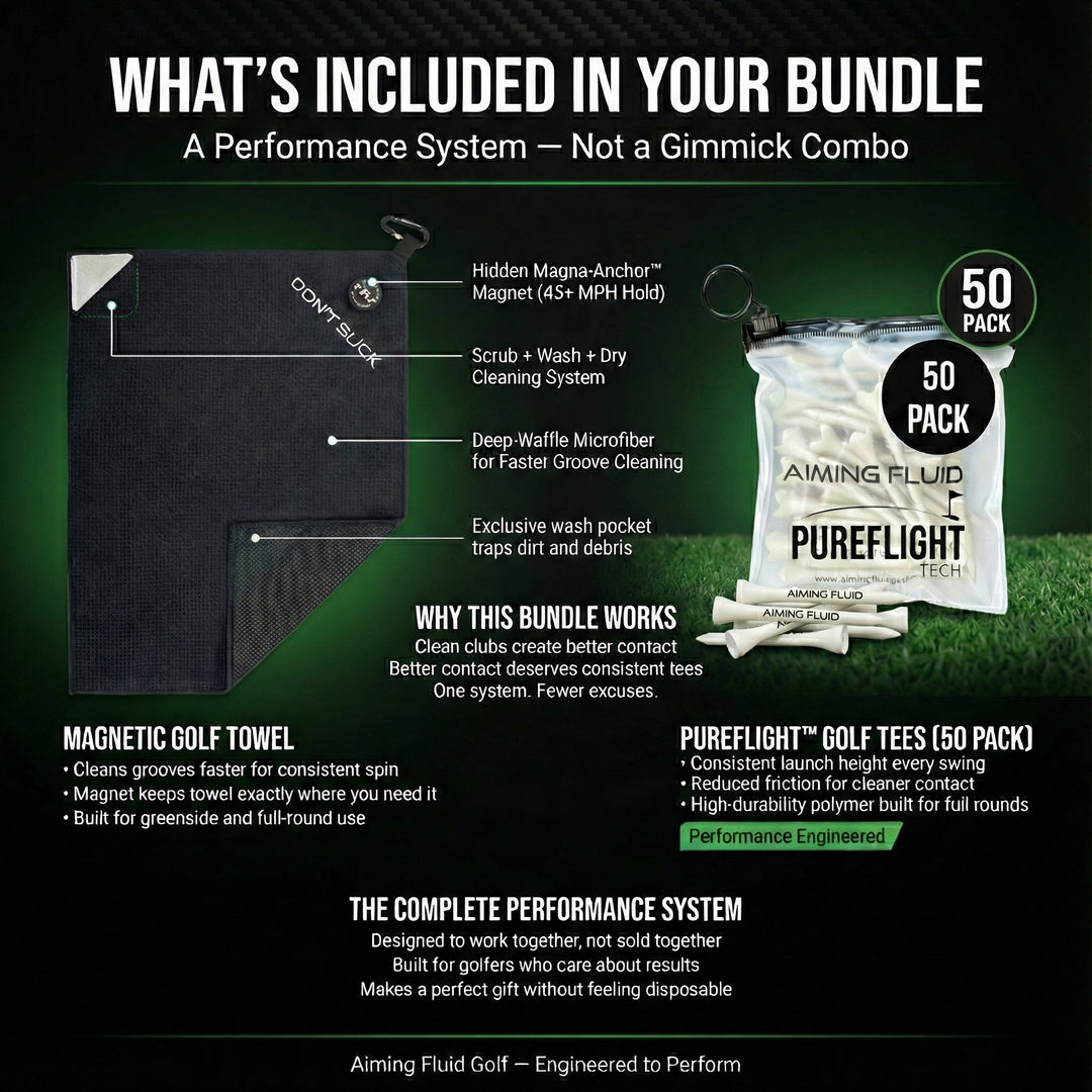 Don’t Suck™ towel and tee bundle featuring a magnetic golf towel and PureLight™ golf tees in a black and green design.