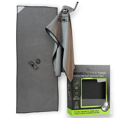 Aiming Fluid Golf 16x40 The 40 grey magnetic golf towel with scrub pad and waffle weave, featuring Magna-Anchor attachment system