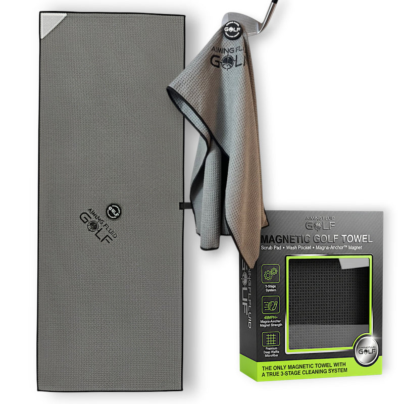 Aiming Fluid Golf 16x40 The 40 grey magnetic golf towel with scrub pad and waffle weave, featuring Magna-Anchor attachment system
