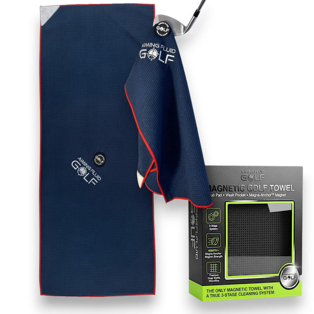 Aiming Fluid Golf The 40 16x40 blue magnetic golf towel with scrub pad, wash pockets, and waffle microfiber.