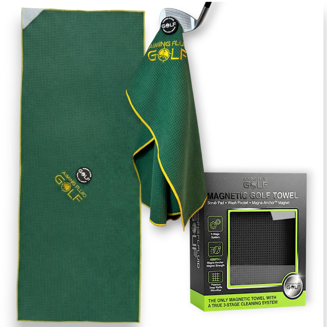 Aiming Fluid Golf The 40 16x40 Augusta green magnetic golf towel with scrub pad and Magna-Anchor attachment.