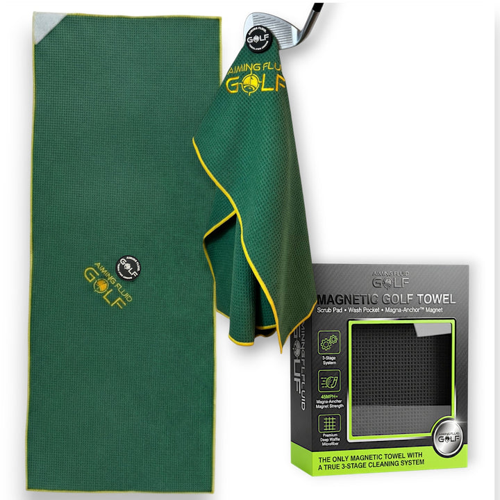 Aiming Fluid Golf The 40 16x40 Augusta green magnetic golf towel with scrub pad and Magna-Anchor attachment.