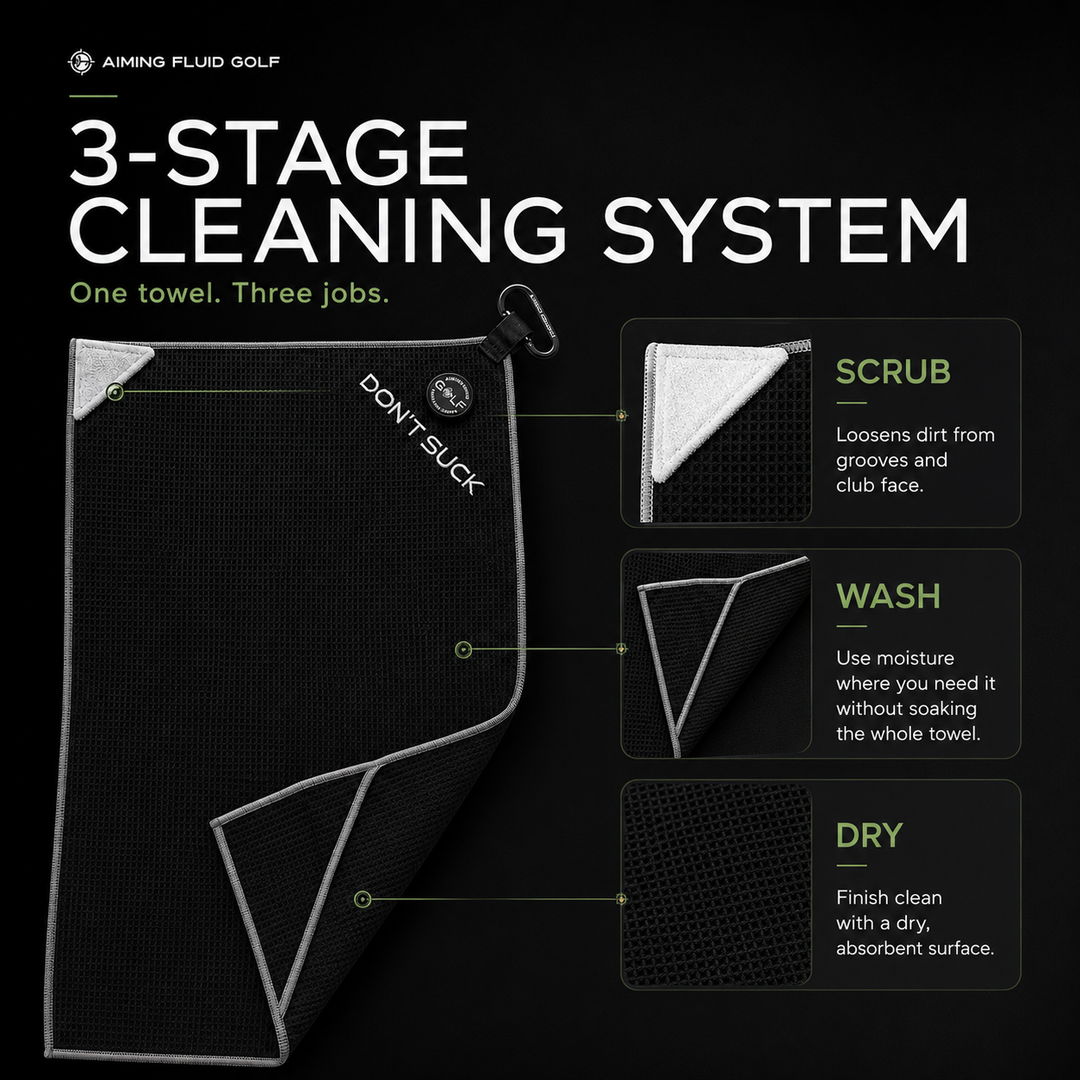 Aiming Fluid Golf 3-stage magnetic golf towel cleaning system showing Scrub, Wash and Dry zones for cleaner golf clubs and golf balls.