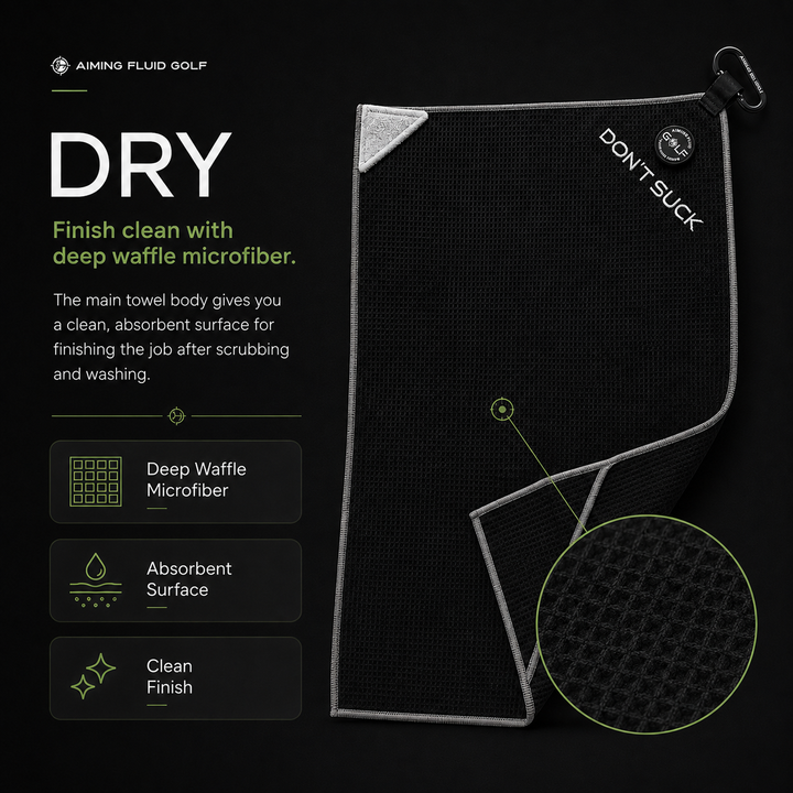 Deep waffle microfiber drying surface on the Aiming Fluid Golf Magna-Anchor Stubby magnetic golf towel for finishing club and ball cleaning.