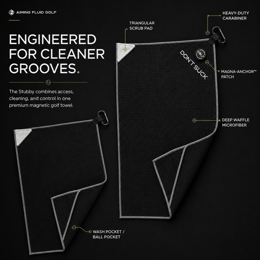 Aiming Fluid Golf Magna-Anchor Stubby 16 x 24 magnetic golf towel engineered for cleaner grooves with triangular scrub pad, wash pocket, ball pocket, deep waffle microfiber, Magna-Anchor patch and carabiner.