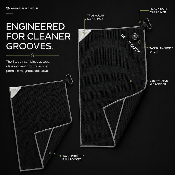 Aiming Fluid Golf Magna-Anchor Stubby 16 x 24 magnetic golf towel engineered for cleaner grooves with triangular scrub pad, wash pocket, ball pocket, deep waffle microfiber, Magna-Anchor patch and carabiner.