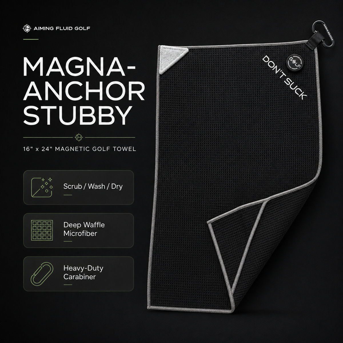 Aiming Fluid Golf Magna-Anchor Stubby magnetic golf towel feature overview with Scrub Wash Dry cleaning system, deep waffle microfiber and heavy-duty carabiner.