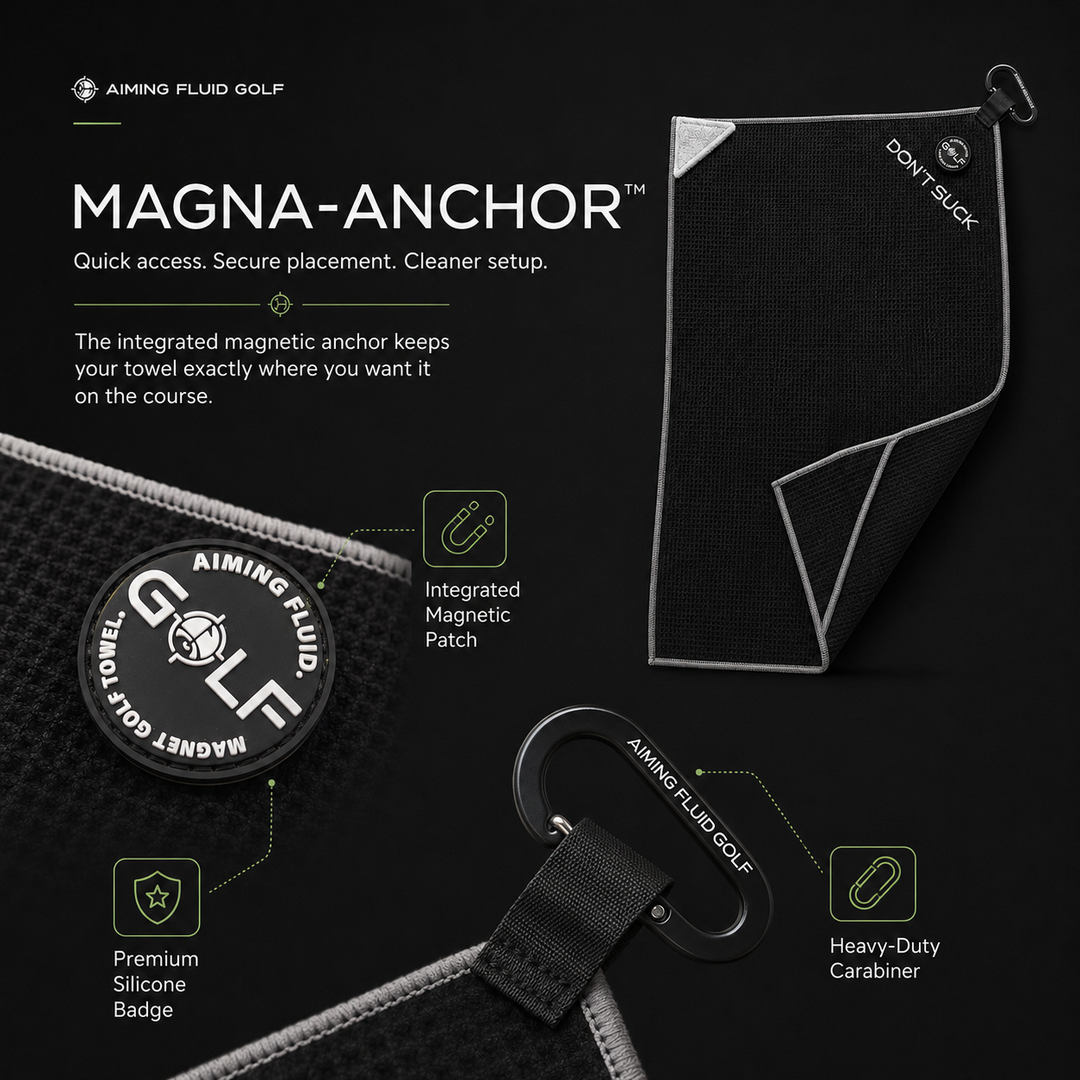 Aiming Fluid Golf Magna-Anchor magnetic golf towel showing integrated magnetic patch and heavy-duty carabiner for quick on-course access.