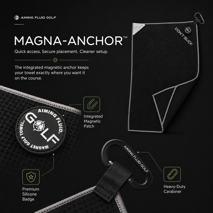 Aiming Fluid Golf Magna-Anchor magnetic golf towel showing integrated magnetic patch and heavy-duty carabiner for quick on-course access.