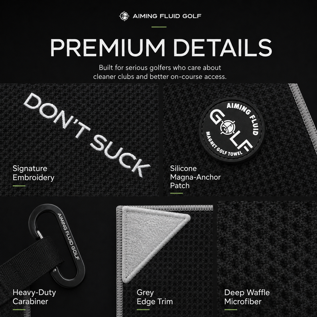Premium details of the Aiming Fluid Golf Magna-Anchor Stubby magnetic golf towel including Don&