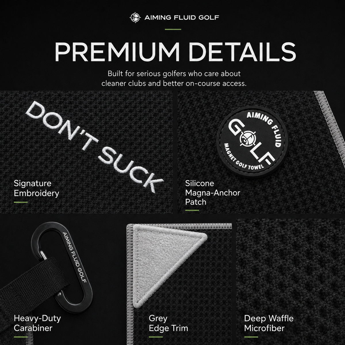 Premium details of the Aiming Fluid Golf Magna-Anchor Stubby magnetic golf towel including Don't Suck embroidery, silicone magnetic patch, grey trim, deep waffle microfiber and heavy-duty carabiner.