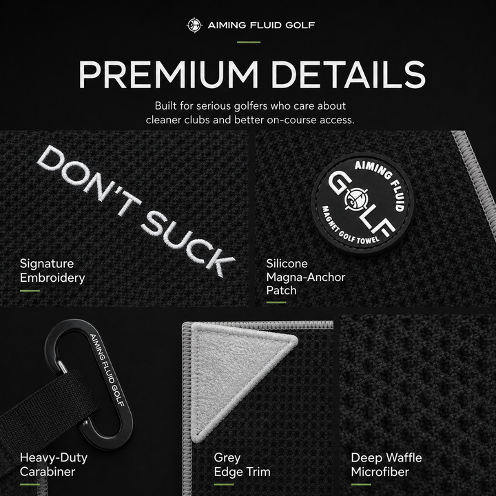 Premium details of the Aiming Fluid Golf Magna-Anchor Stubby magnetic golf towel including Don&