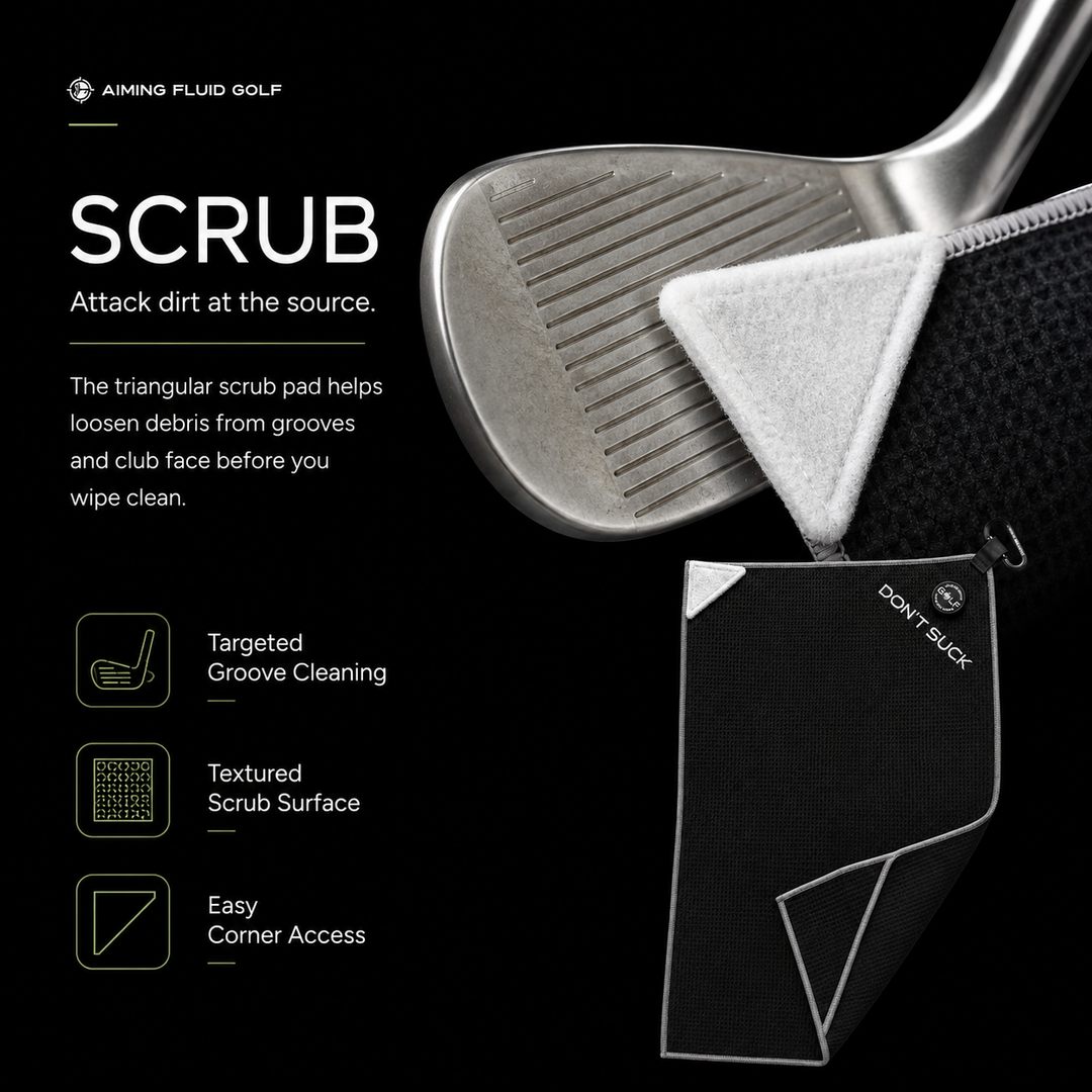 Triangular scrub pad on the Aiming Fluid Golf Magna-Anchor Stubby magnetic golf towel used to loosen dirt and debris from golf club grooves and club faces.