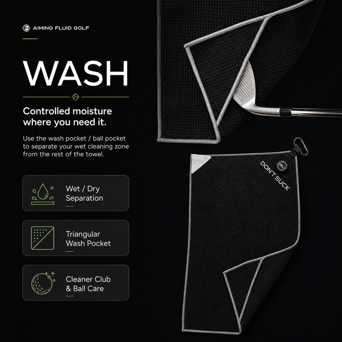 Wash pocket on the Aiming Fluid Golf Magna-Anchor Stubby magnetic golf towel, which doubles as a ball pocket for controlled moisture, wet and dry separation, golf club cleaning and golf ball care.