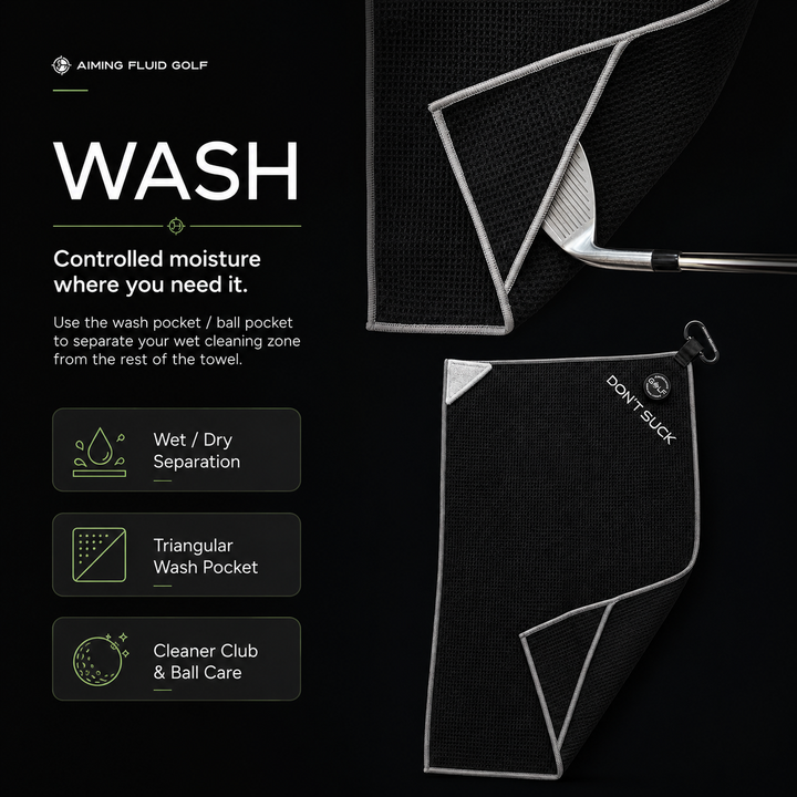 Aiming Fluid Golf Magna-Anchor Stubby magnetic golf towel wash pocket and ball pocket for controlled moisture, wet/dry separation, golf club cleaning and golf ball care.