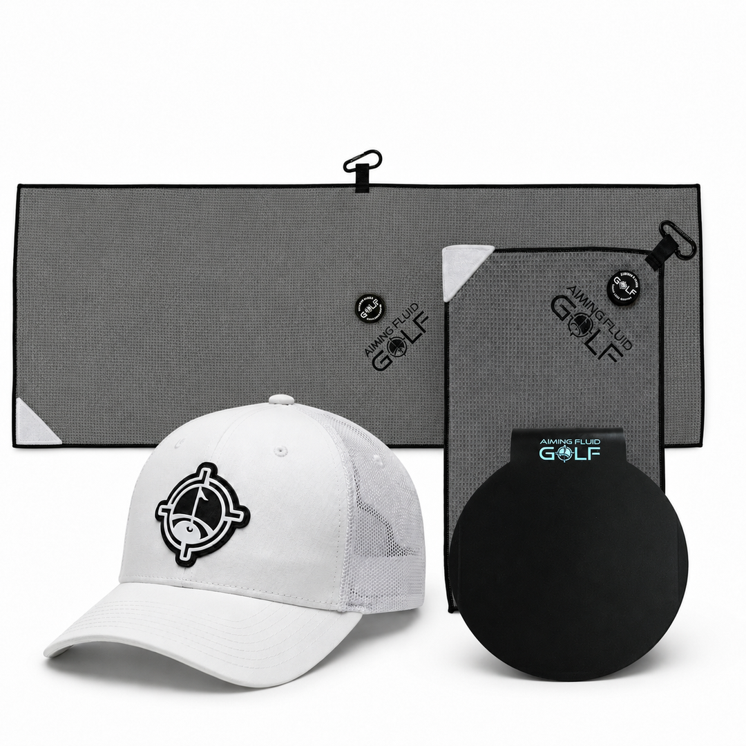 White hat with horizontal The 40 grey magnetic towel, Stubby towel, and Landing Pad