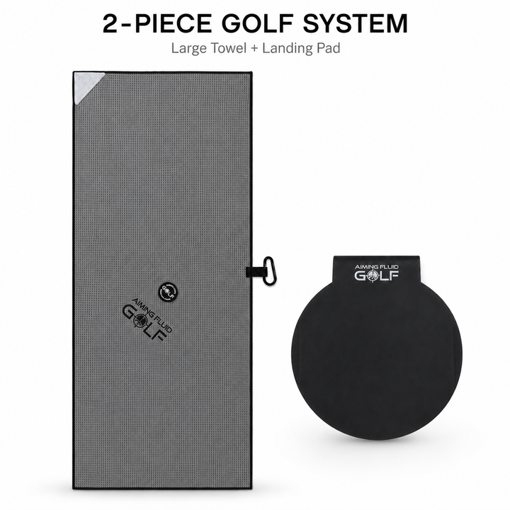 Aiming Fluid Golf 16x40 grey light-duty magnetic golf towel with a steel-core Magnetic Landing Pad.