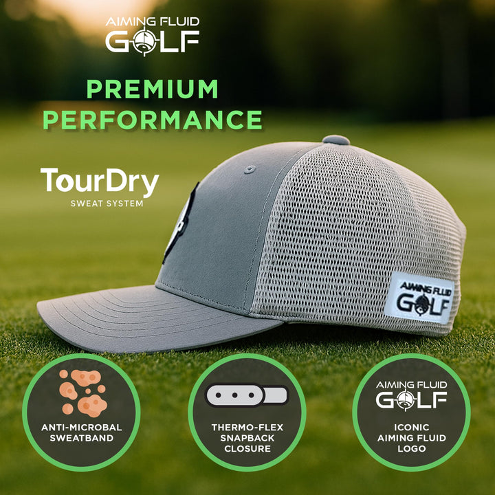aiming fluid golf Gray golf cap with Aiming Fluid Golf branding on a grass background
