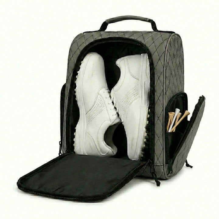 Golf shoe bag open with a pair of golf shoes stored inside the main compartment.