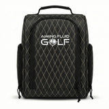 Black Premium golf shoe bag with structured design and zippered closure holding a pair of golf shoes.