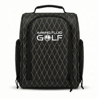 Black Premium golf shoe bag with structured design and zippered closure holding a pair of golf shoes.