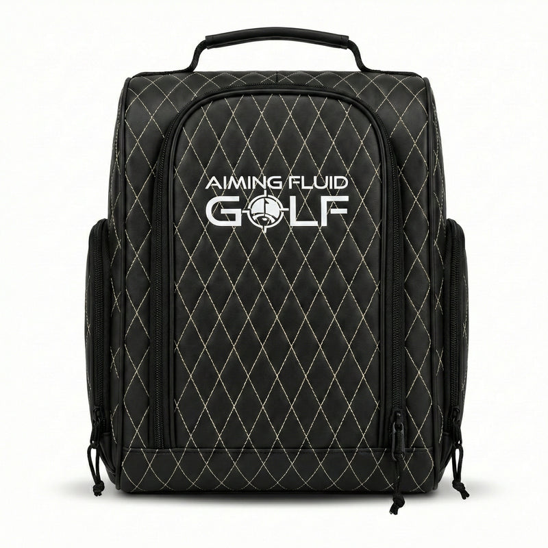 Black Premium golf shoe bag with structured design and zippered closure holding a pair of golf shoes.