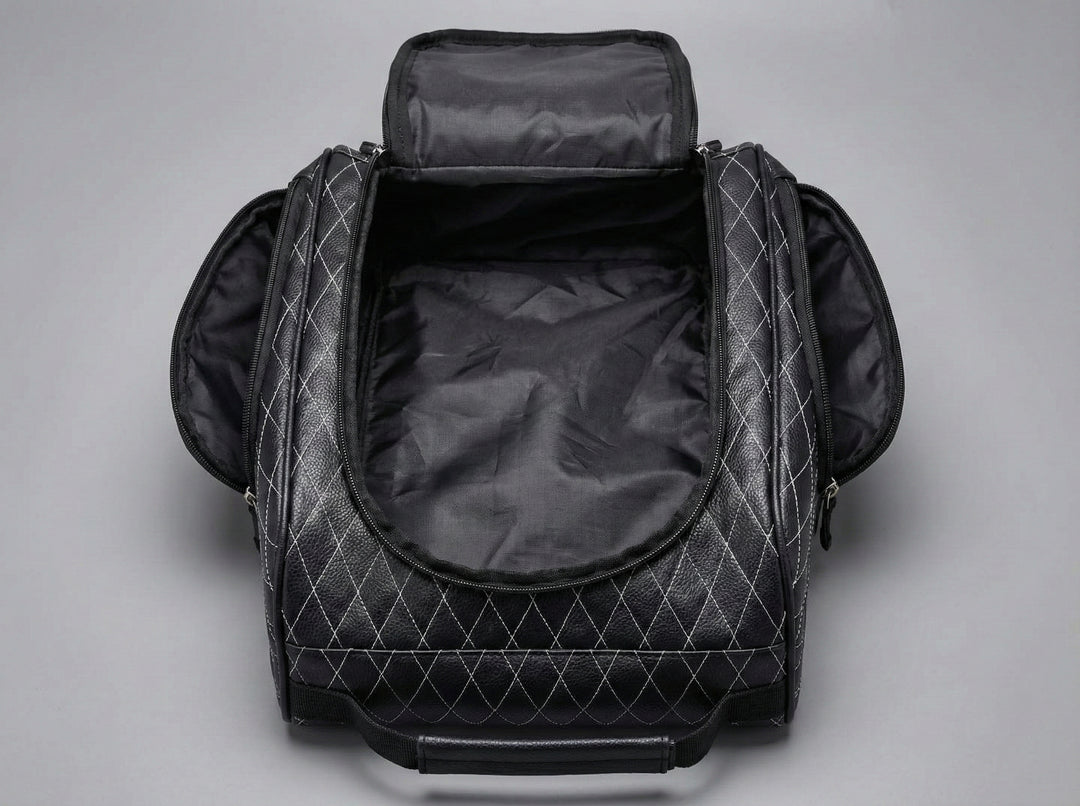 Golf shoe bag shown open with interior compartments visible, including separated shoe storage and zippered sections.