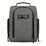 grey Premium golf shoe bag with structured design and zippered closure holding a pair of golf shoes.