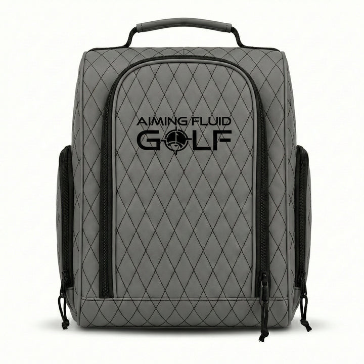 grey Premium golf shoe bag with structured design and zippered closure holding a pair of golf shoes.