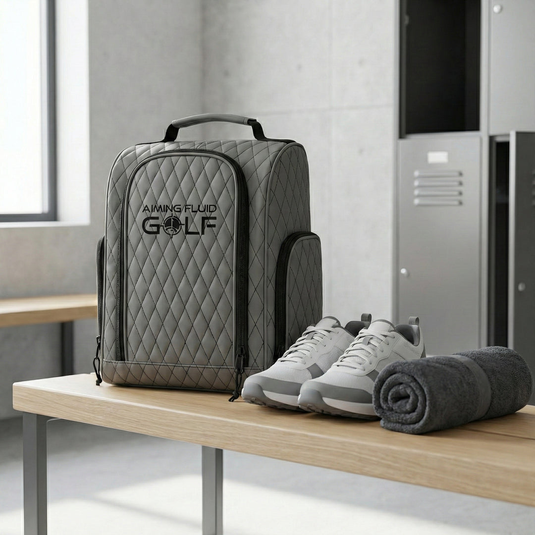 Golf shoe bag placed in a gym locker room next to workout gear, showing everyday carry use outside the course.