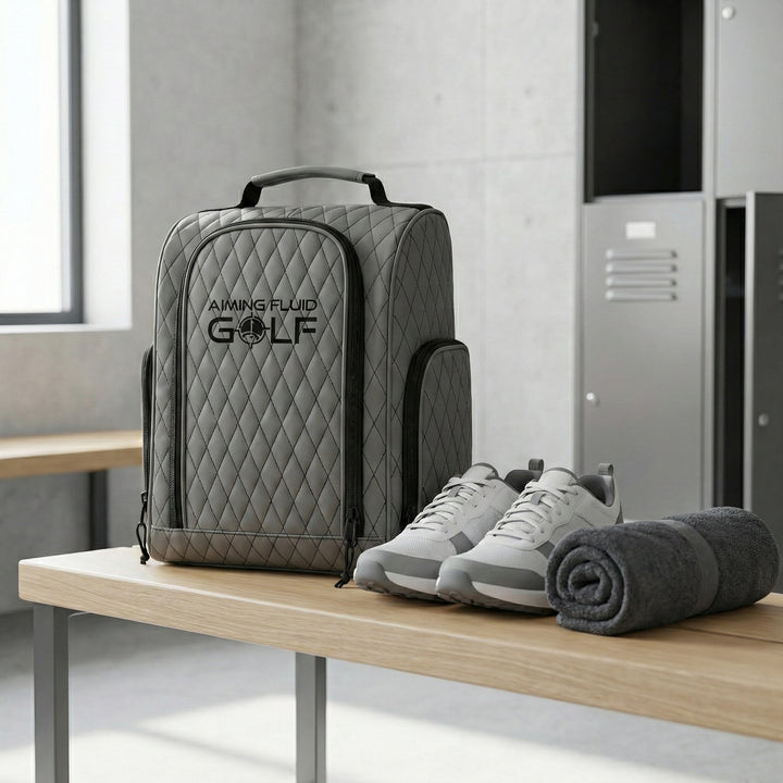 Golf shoe bag placed in a gym locker room next to workout gear, showing everyday carry use outside the course.