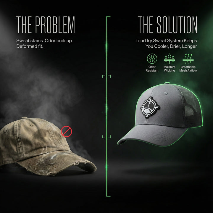Comparison of a worn-out cap and a new, aiming fluid golf dry cap with text explaining the TourDry system.