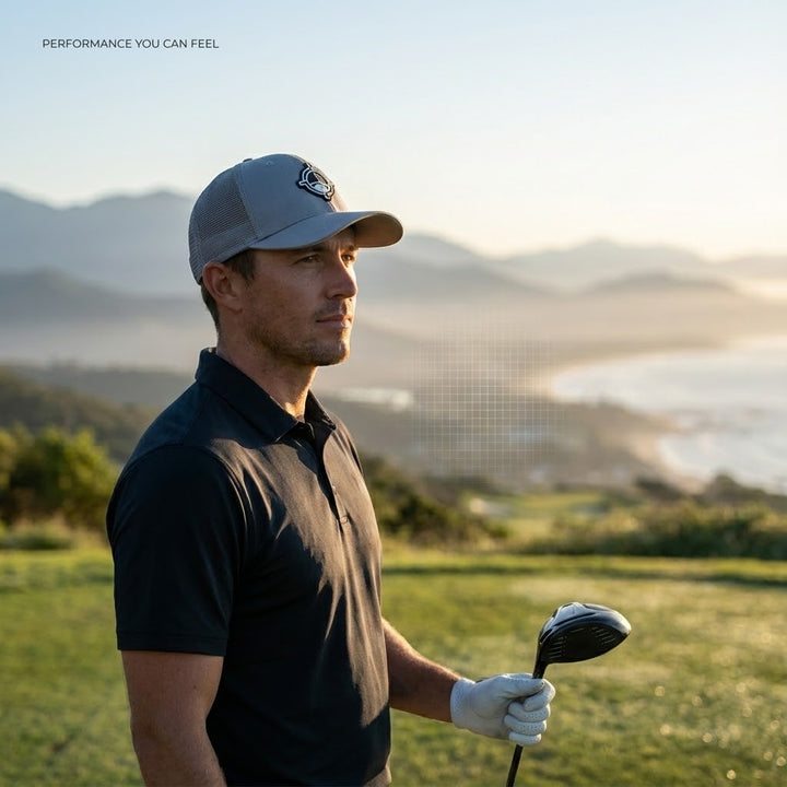 Man holding a golf club on a golf course with mountains in the background wearing aiming fluid golf  tourdry golf hat