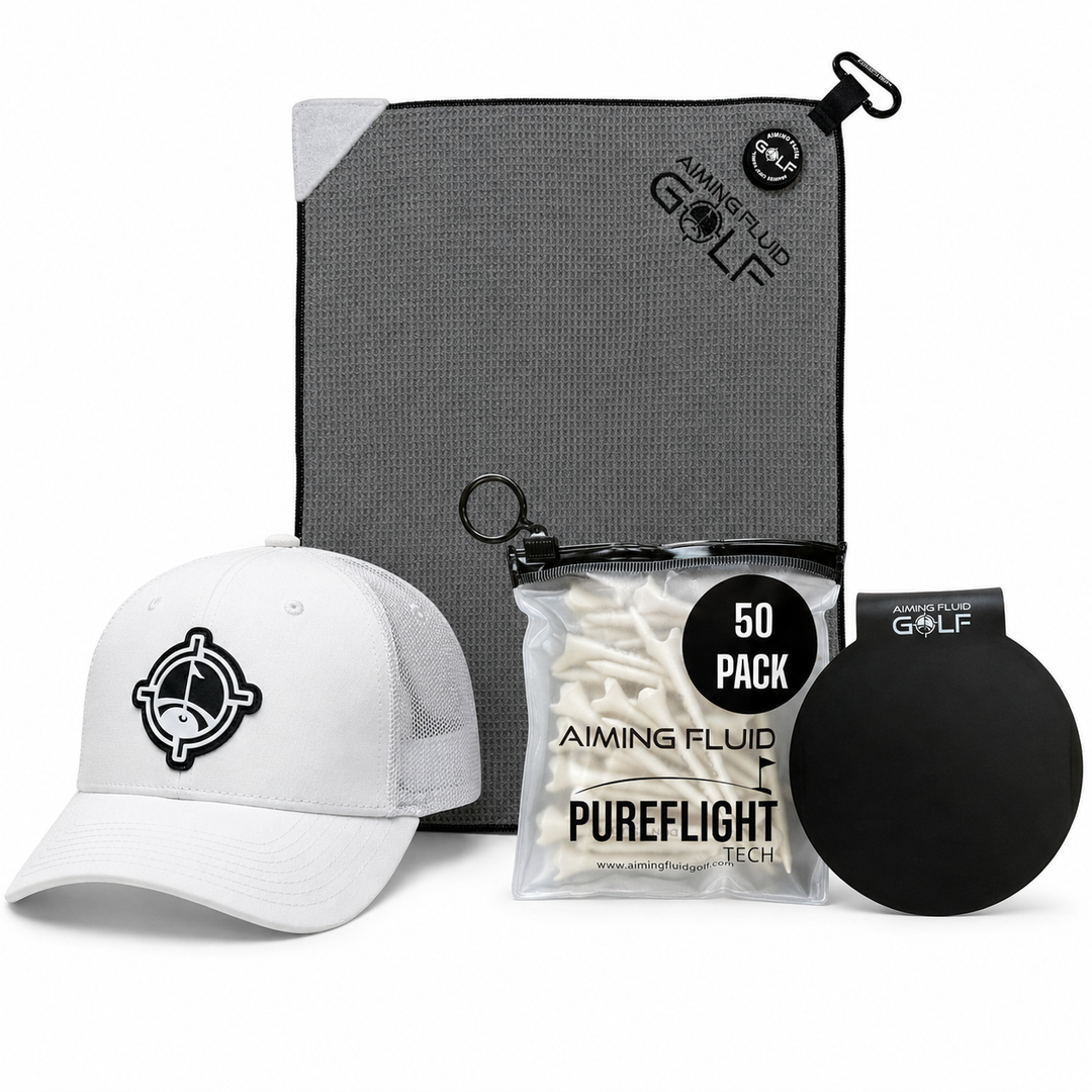 White hat, Stubby grey magnetic towel, 50-pack PureFlight tees and Landing Pad