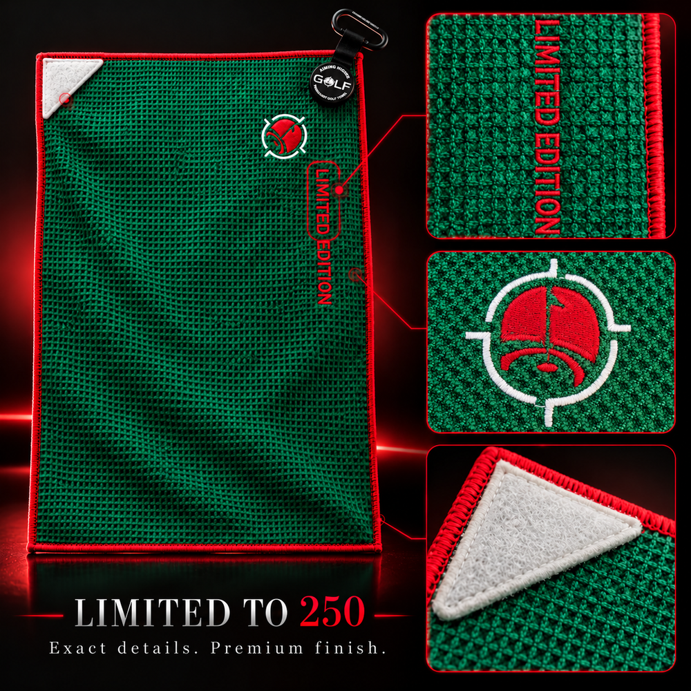 Limited-edition Evergreen golf towel with close-ups of the red lettering, embroidered golf-pin logo and white triangular scrub pad.