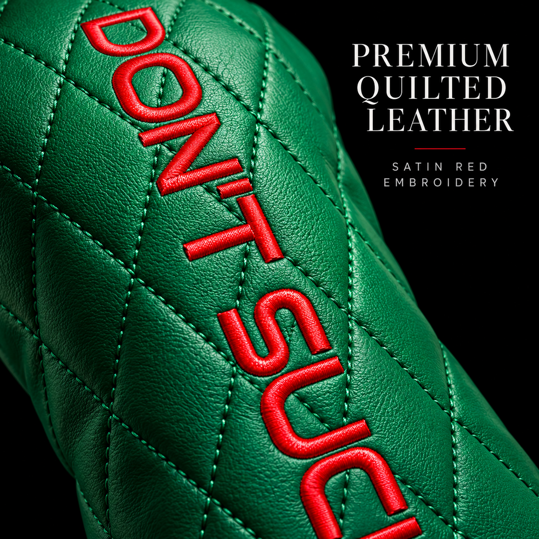 Premium quilted green leather and red satin embroidery detail