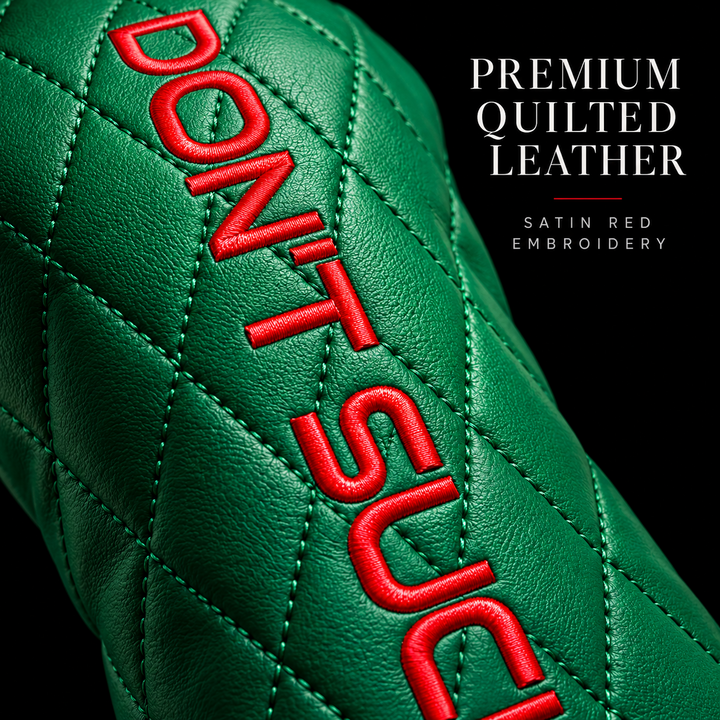 Premium quilted green leather and red satin embroidery detail