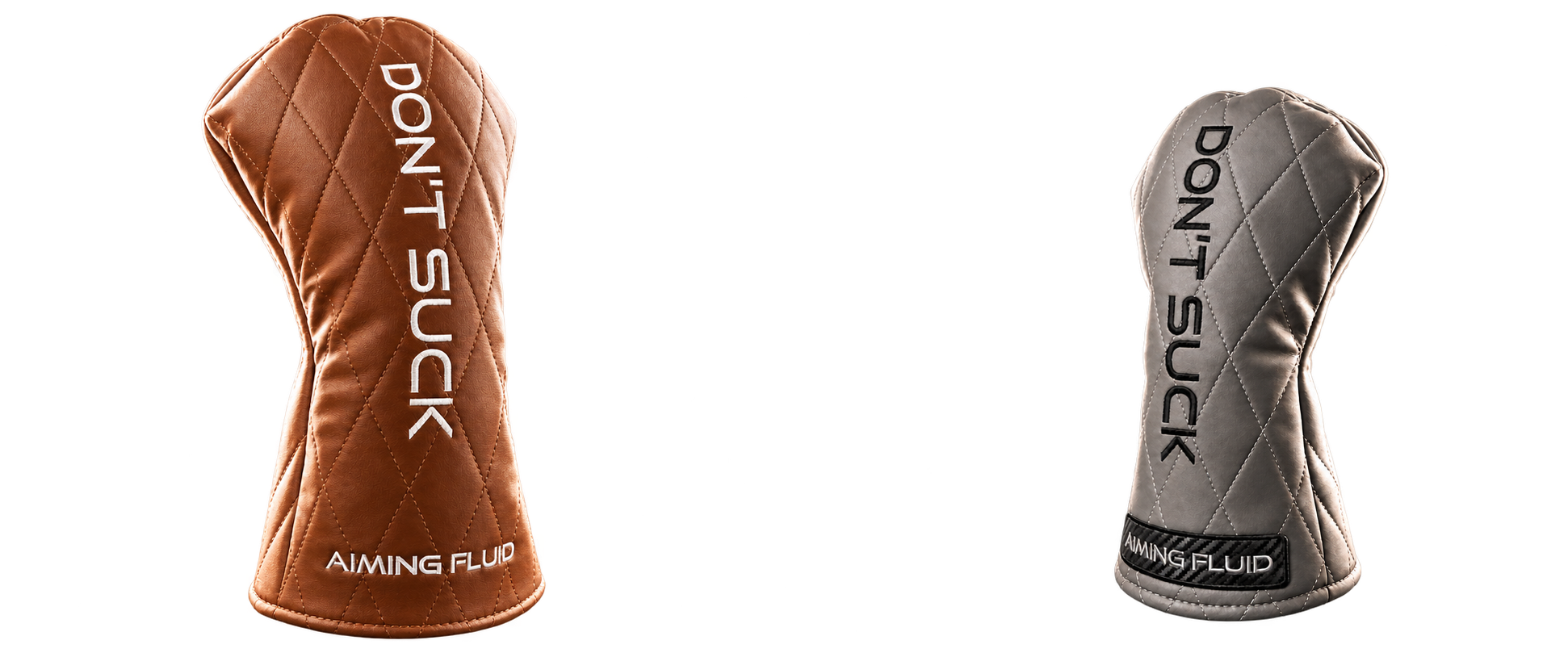 DON’T SUCK Reserve Series driver headcovers in cognac and gunmetal quilted leather on matte black