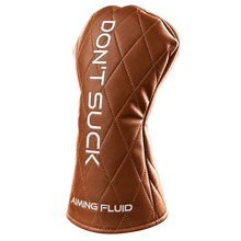 DON'T SUCK Reserve Old Fashioned driver headcover in cognac quilted leather with white embroidery