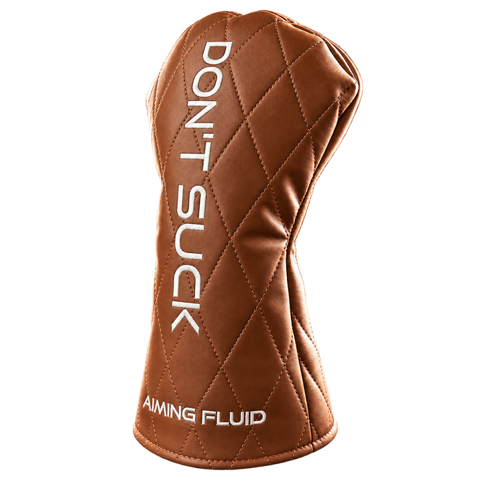 DON'T SUCK Reserve Old Fashioned driver headcover in cognac quilted leather with white embroidery