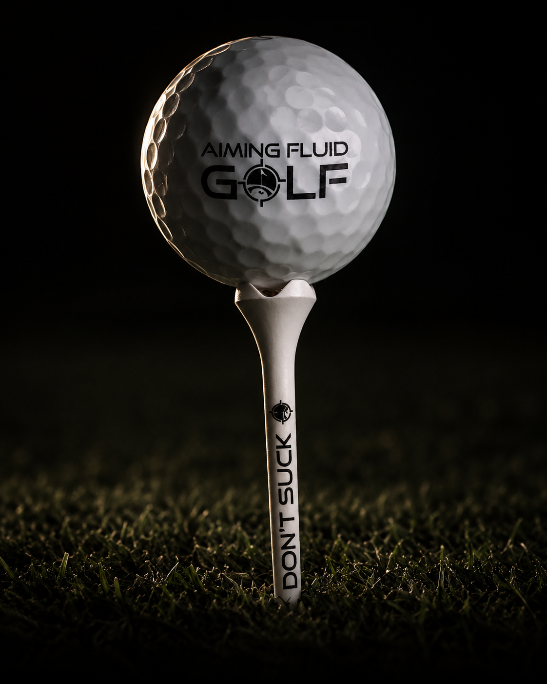 PureFlight 4-prong golf tee with an Aiming Fluid Golf ball on the prongs in fairway turf