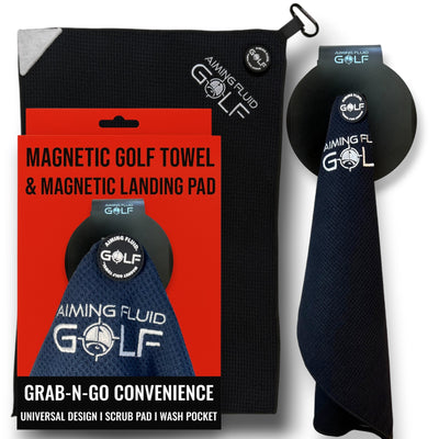 Magnetic Golf Towel & Magnetic Landing Pad – Premium Microfiber Waffle Weave I Scrub Pad I Wash Pocket I Golf Gift I Cart Carry and Tour Bag (Magnetic Landing Pad & 16" x 24" Golf Towel)