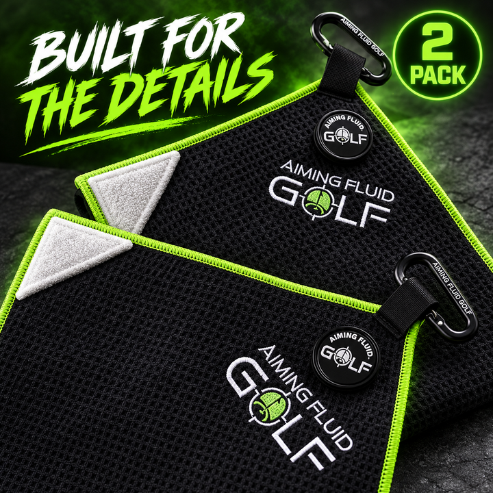 Close-up of two Venom Green towels showing waffle texture, scrub corner, magnet, and carabiner