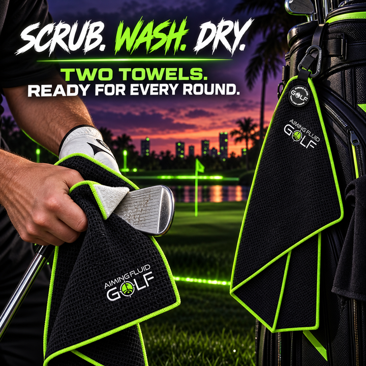 Venom Green golf towels cleaning a club and attached to a golf bag