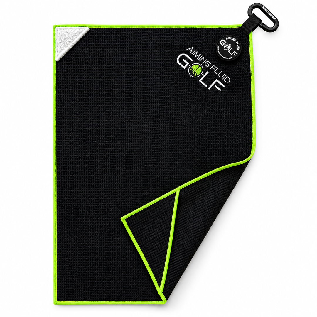 Aiming Fluid Golf Venom Green magnetic golf towel on a white background