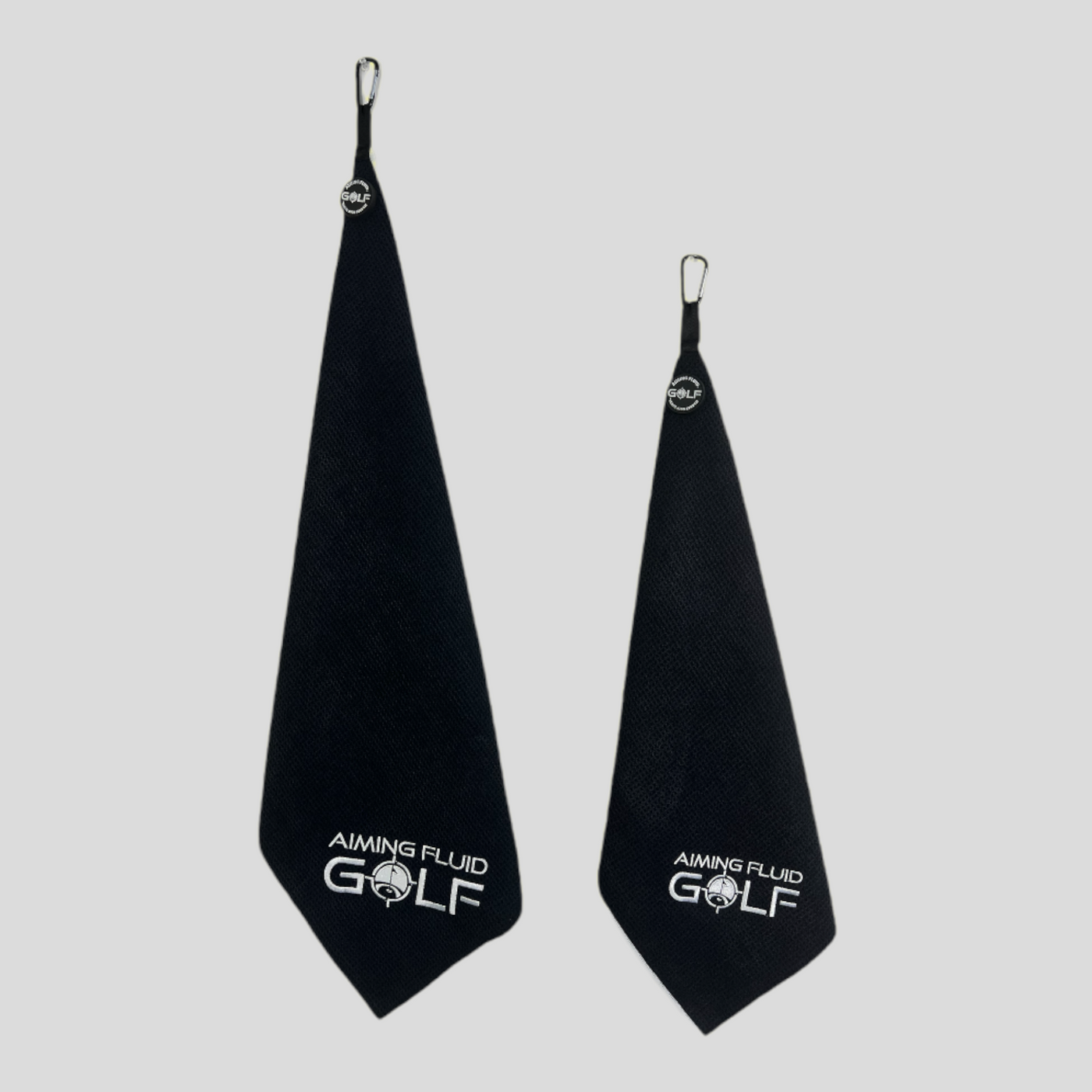 Black magnetic golf towel in tall boy and stubby.