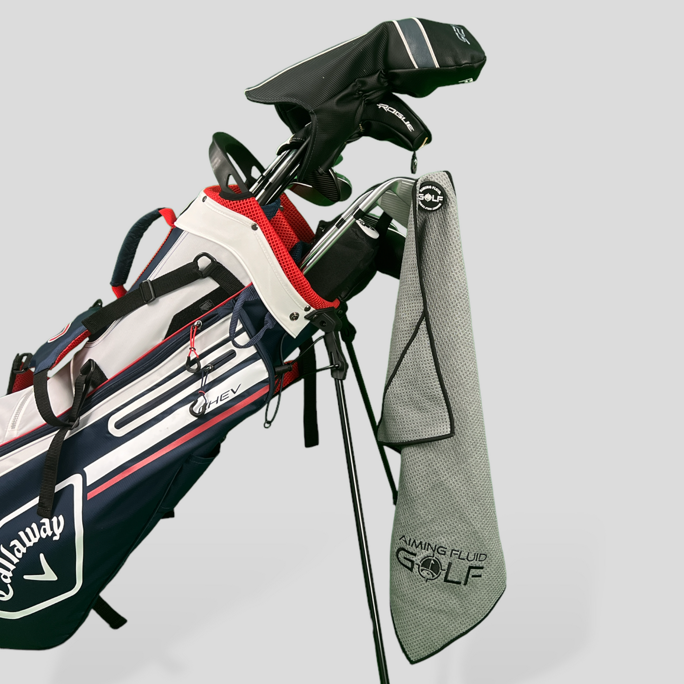 Aiming Fluid Golf (THE BEST TOWEL IN GOLF) Magnetic Towel Tall Boy (Large) in color grey on golf bag callaway